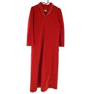 Vintage 1970s Red Zip Front Lounge Dress with Piping Trim and Pockets Small
